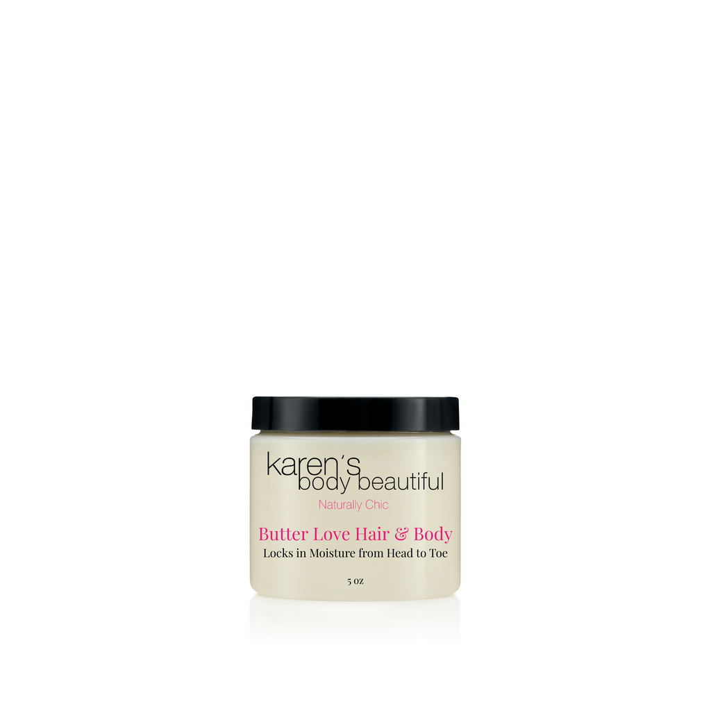 Jar of 'Karen's Body Beautiful Butter Love Hair & Body' on a white background